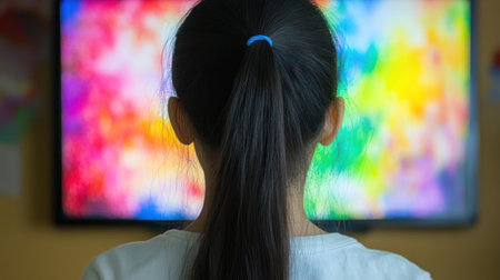 A young girl with long hair observes a vibrant, abstract screen display while sitting in a cozy room.の素材