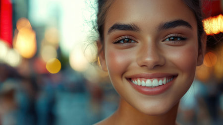 A woman with a radiant smile stands in a lively urban setting filled with colorful lights.の素材