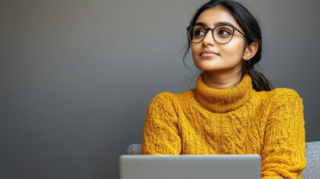 Young woman with glasses sits comfortably, reflecting while using her laptop in a relaxed indoor setting.の素材