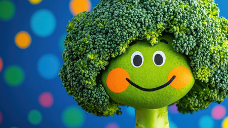 A playful broccoli character with a smiling face promotes healthy eating habits in a lively setting.の素材