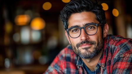 Man displays a friendly expression while surrounded by the inviting ambiance of a cafe.の素材