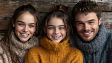 Three people with joyful expressions are dressed in warm, thick sweaters, enjoying a moment together.の素材
