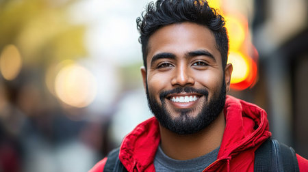 A young man with a beard smiles brightly against a blurred urban background, reflecting warmth and happiness.の素材