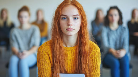 A young woman with long red hair sits focused in a classroom while peers engage in a group discussion.の素材