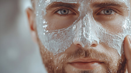Skincare routine features a man carefully applying a facial mask while enjoying the soothing atmosphere.の素材