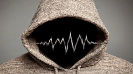 A hooded person stands with an indeterminate expression, featuring a sound wave graphic in the hood.の素材