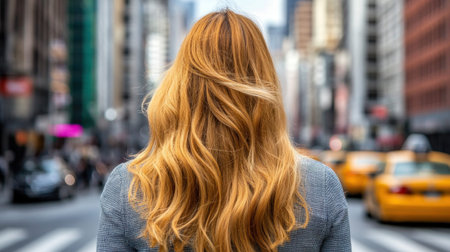 A woman stands with her back to the viewer, facing a bustling city street filled with vehicles and high rises.の素材