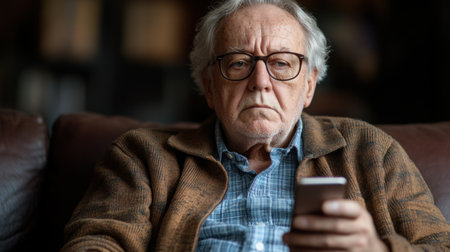An elderly man focuses on his smartphone while seated comfortably on a couch in a warm environment.の素材