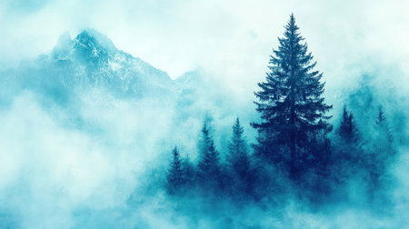 Mist envelops a mountain landscape, highlighting the silhouette of tall trees against the backdrop of peaks.の素材