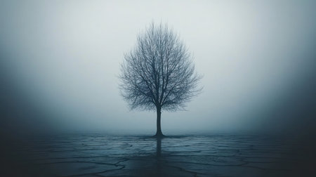 A solitary tree rises from dry earth under a foggy sky at dawn, evoking a sense of isolation.の素材