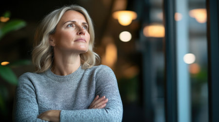 A woman gazes out the window, reflecting on life in a warm, sunny room.の素材