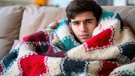 A young man sits on a couch wrapped in a colorful blanket, appearing contemplative on a cold afternoon.の素材
