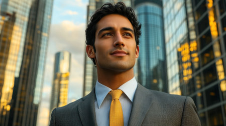 Professional man exudes confidence while standing in a business district at sunset.の素材