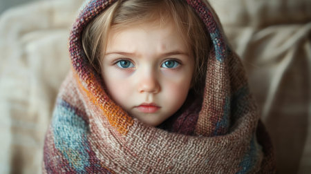 A child with blue eyes is wrapped in a cozy blanket, looking contemplative while indoors.の素材