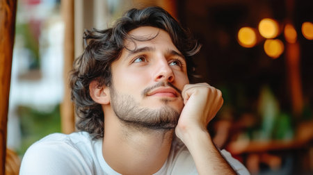 Man reflects thoughtfully while relaxing in a warm cafe atmosphere, enjoying the serene moment.の素材