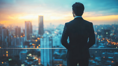 A businessman stands on a rooftop, gazing at the vibrant city skyline during sunset.の素材