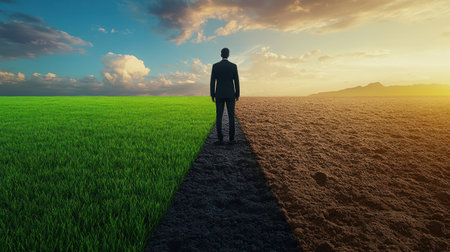 A man in a suit gazes toward contrasting landscapes of green grass and dry soil during sunset.の素材