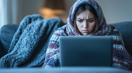 A woman is focused on her laptop while sitting on a couch, wrapped in a blanket on a chilly evening.の素材