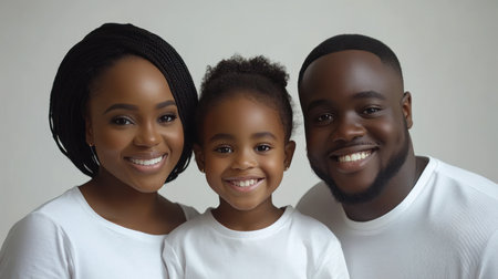 Family poses happily with big smiles, showcasing a joyful moment together in a minimalist setting.の素材