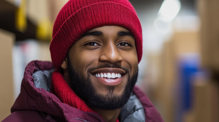 Young man with a bright smile poses in a warehouse surrounded by stacked cardboard boxes.の素材