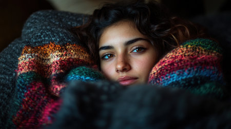A young woman with curly hair enjoys a cozy evening wrapped in a vibrant knitted blanket, exuding warmth.の素材