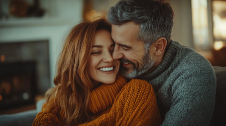 Two people share a joyful embrace while smiling, wrapped in sweaters, near a warm fireplace.の素材