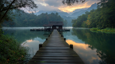 Quiet dock stretches over serene water reflecting colorful sky and mountains at dawn with soft mist lingering.の素材