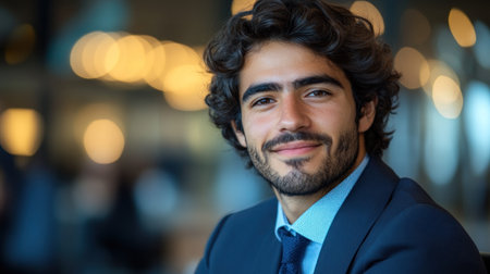 Smiling young man in a dark suit poses confidently in a modern office environment with soft lighting.の素材
