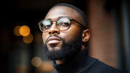 Young man with a beard and glasses looks confidently at the camera in an urban setting.の素材