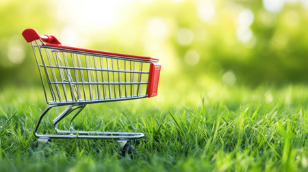 A shopping cart sits isolated on lush green grass, illuminated by the warm sunlight.の素材