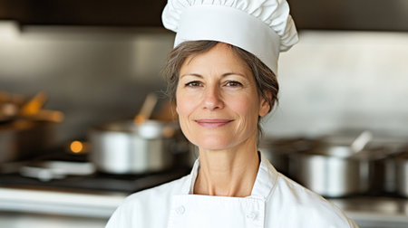 Chef smiles confidently in a kitchen, showcasing culinary skill and warmth among pots and pans.の素材