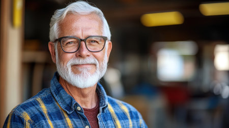 Elderly man smiles warmly while standing against the backdrop of a workshop filled with tools.の素材