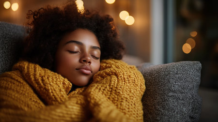 A young girl sleeps peacefully on a couch, wrapped in a soft yellow blanket under warm lights.の素材