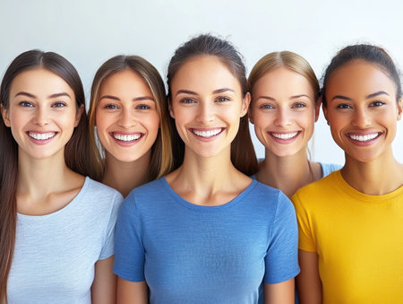 Five women stand side by side, all smiling brightly and expressing happiness in casual attire.の素材