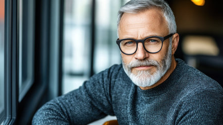 Older man with gray hair and beard looks pensively while seated by a large window in a warm environment.の素材