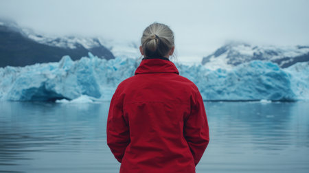 Individual stands by calm waters, gazing at distant glaciers and icy formations under cloudy sky.の素材