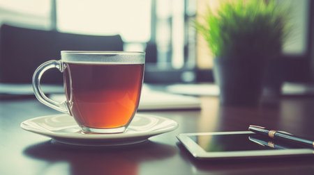 Enjoying a steaming cup of tea on a wooden table next to a tablet and a green plant on a quiet afternoon.の素材
