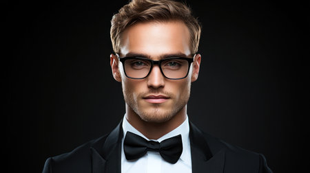 Confident individual poses in a tuxedo with glasses against a dark background, showing elegance and style.の素材
