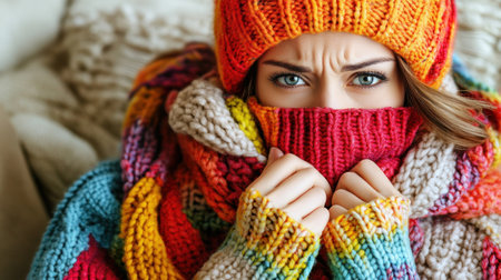 Young woman in vibrant winter attire displays a worried expression while indoors.の素材