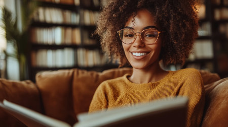 A woman with curly hair smiles while reading a book in a cozy library setting.の素材