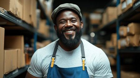 A man dressed in work attire smiles confidently while standing in a warehouseの素材