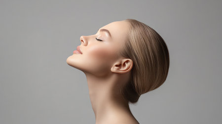 Portrait of a woman showcasing smooth skin and graceful profile while her hair is neatly styled.の素材