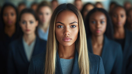 A confident woman leads a diverse group of colleagues in business attire at a meeting.の素材