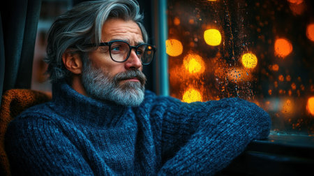 Man with gray hair and glasses reflecting by the window during a rainy evening, immersed in thought.の素材