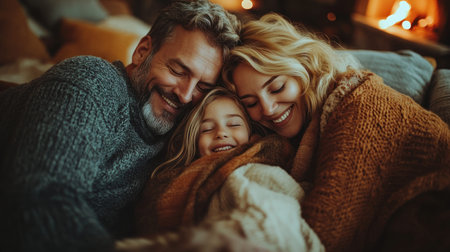 Family enjoys a warm moment together, cuddled up under blankets by the fireplace on a winter evening.の素材