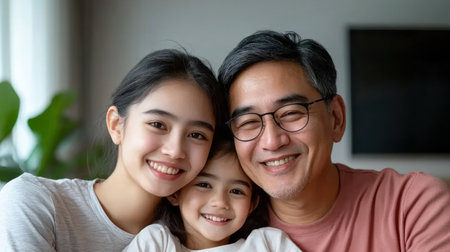 A father, daughter, and granddaughter share happy expressions in their home.の素材
