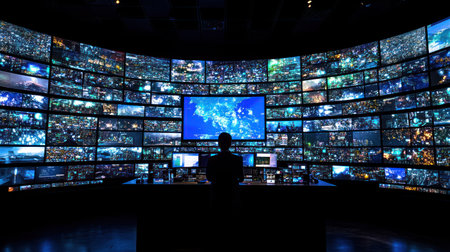 Operator monitors extensive city visual data on multiple screens in a dark control room.の素材
