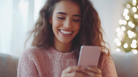 A young woman enjoys her smartphone in a warmly lit room filled with holiday cheer.の素材