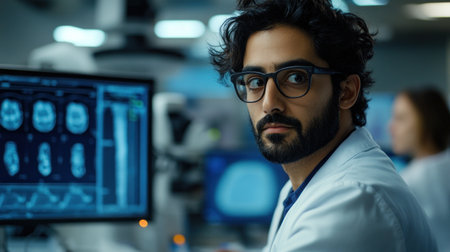 A researcher looks thoughtfully at medical imaging results in a laboratory setting focused on innovation.の素材