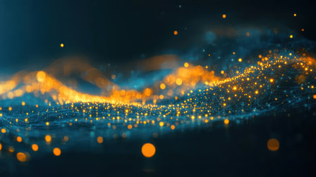 Glowing particles in vibrant colors form a beautiful wave in a dark background, creating visual intrigue.の素材